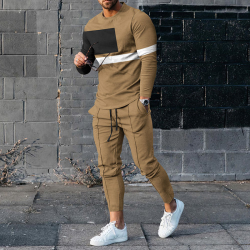 Khaki Geometry T-Shirt And Pants Two Piece Set