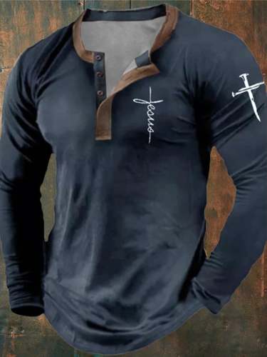 Men's Retro Faith Cross Printed Daily Long Sleeve Top