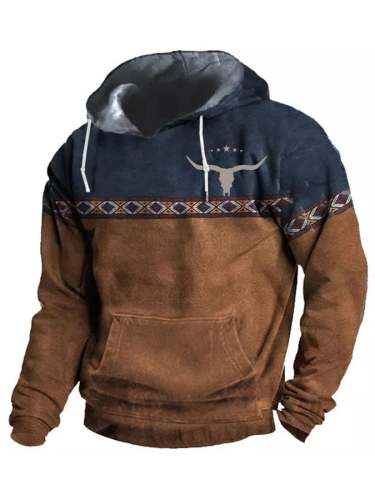 Men's Vintage Western Ethnic Print Pocket Hoodie