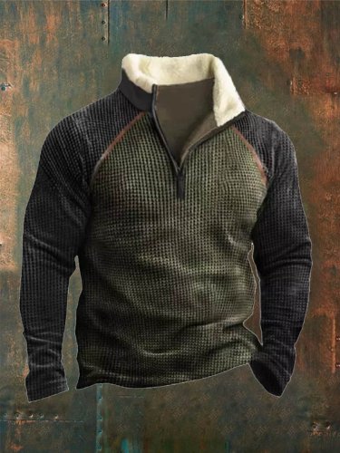Men's Waffle Colorblock Zipper Stand Collar Fleece Sweatshirt