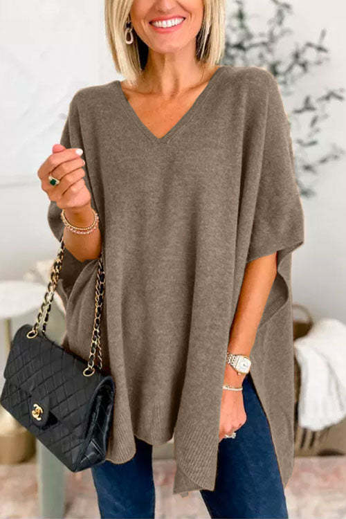 Last Sale 54% Off-Chicest V Neck Loose Fit Solid Poncho Sweater