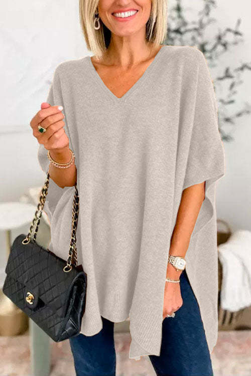 Last Sale 54% Off-Chicest V Neck Loose Fit Solid Poncho Sweater