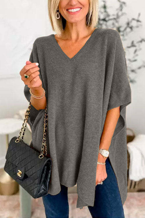 Last Sale 54% Off-Chicest V Neck Loose Fit Solid Poncho Sweater