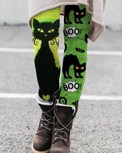 Halloween Green Boo Cat Stripe Contrast Leggings
