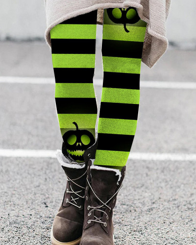 Halloween Green Boo Cat Stripe Contrast Leggings