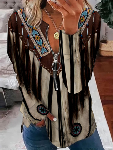 Western Tribal Retro Star Print Zipper Sweatshirt