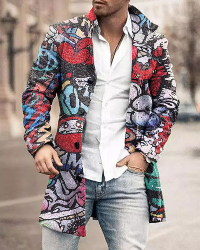 Men's Street Graffiti Print Loose Stand Collar Coat