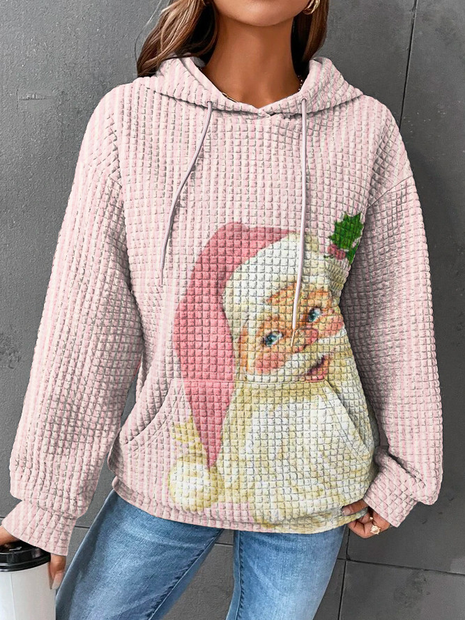 Vintage Pink Striped Santa Waffle Hooded Sweatshirt