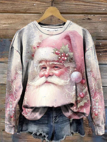 Vintage Pink Santa Crew Neck Casual Sweatshirt