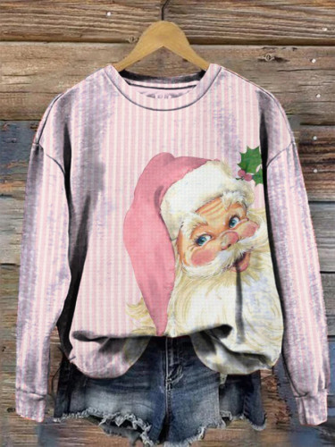 Vintage Pink Striped Santa Crew Neck Casual Sweatshirt