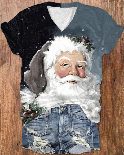 Christmas Gray Berry Santa V-Neck T-Shirt