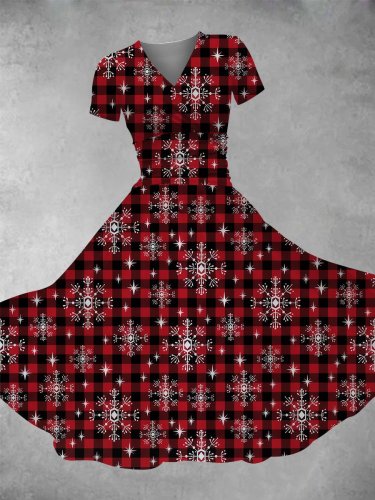Women's Buffalo Plaid Snowflakes Christmas Print Maxi Dress