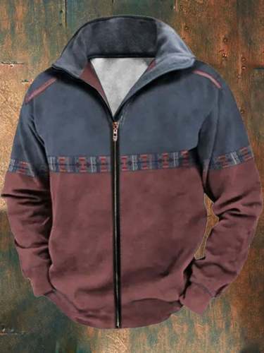 Men'S Casual Color Block Printed Zipper Long Sleeve Sweatshirt