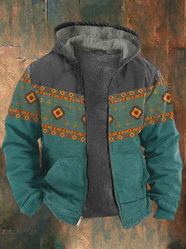 Men's Retro Western Print Velvet Zip Outerwear