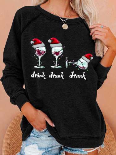 Women's Funny Christmas Drink Drank Drunk Red Wine Glass Casual Sweatshirt