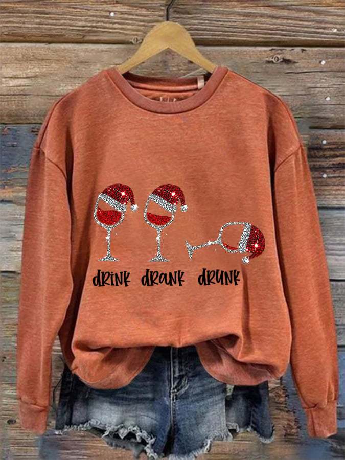 Women's Funny Drink Drank Drunk Shiny Christmas Red Wine Glass Casual Sweatshirt