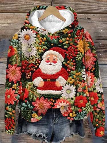 Women's Christmas Santa Floral Print Hoodie