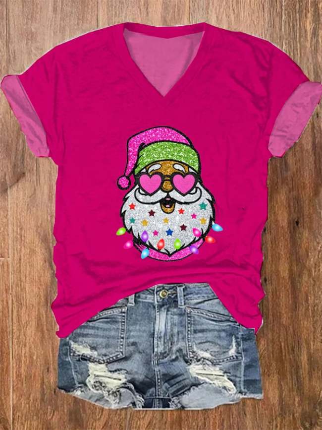 🔥Buy 3 Get 10% Off🔥Women's Shiny Santa Print T-Shirt