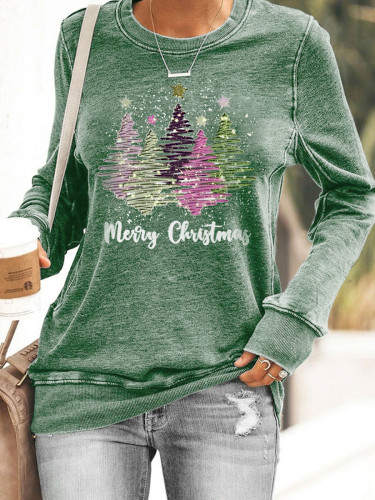 Women's Merry Christmas Shiny Tree Print Slim-Fit Sweatshirt