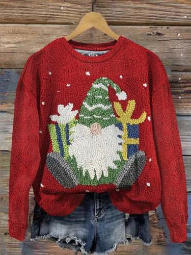 Women's Christmas Gnome Print Crew Neck Sweatshirt