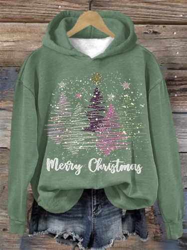 Women's Merry Christmas Sparkle Tree Print Hooded Sweatshirt