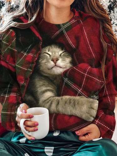 Women's Christmas Cat Print Sweatshirt