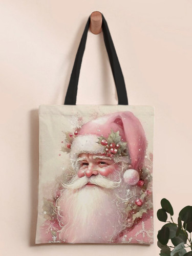 Pink Santa Claus Print Canvas Shoulder Bag