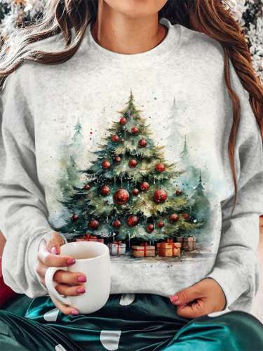 Women's Watercolor Christmas Tree Print Crew Neck Sweatshirt