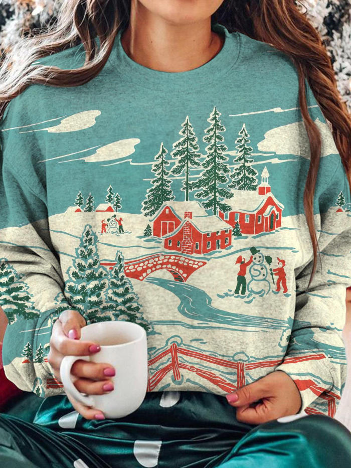 Vintage Winter Christmas Print Round Neck Long Sleeve Top