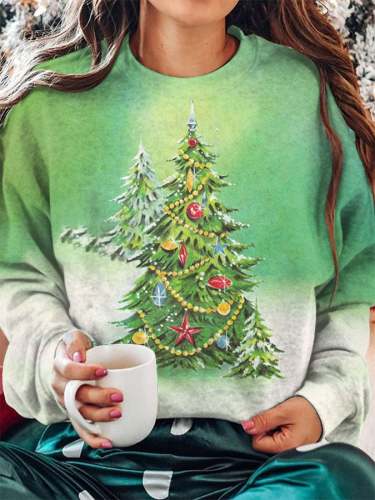 Women's Watercolor Christmas Tree Print Crew Neck Sweatshirt