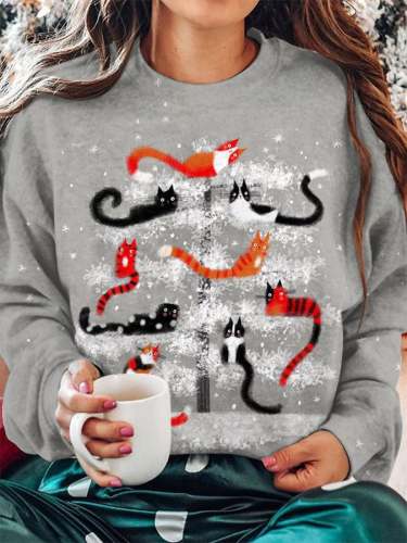Women's Christmas Fun Cats Print Crew Neck Sweatshirt