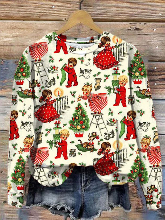 Vintage Christmas Boys Girls Printed Crew Neck Long Sleeve Tops