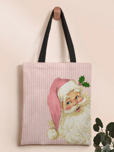 Pink Santa Claus Print Canvas Shoulder Bag