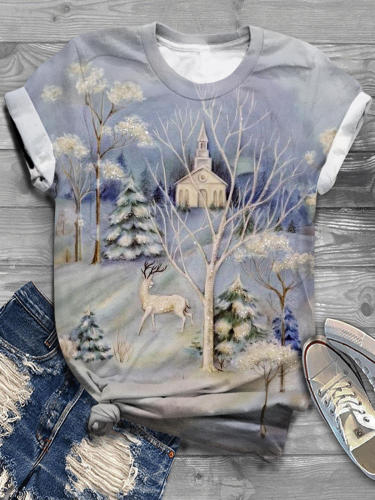 Old Churches And Deer Crew Neck T-shirt