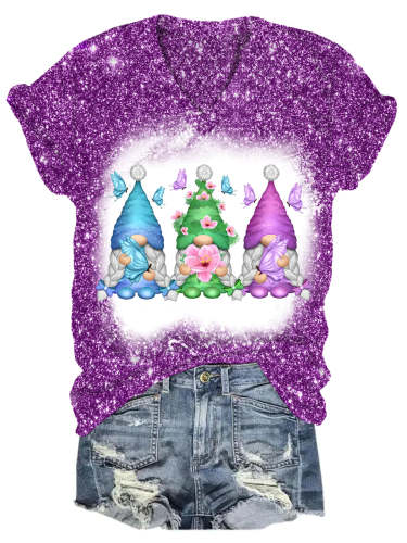 Hello Spring Gnomes Glitter V Neck T-shirt