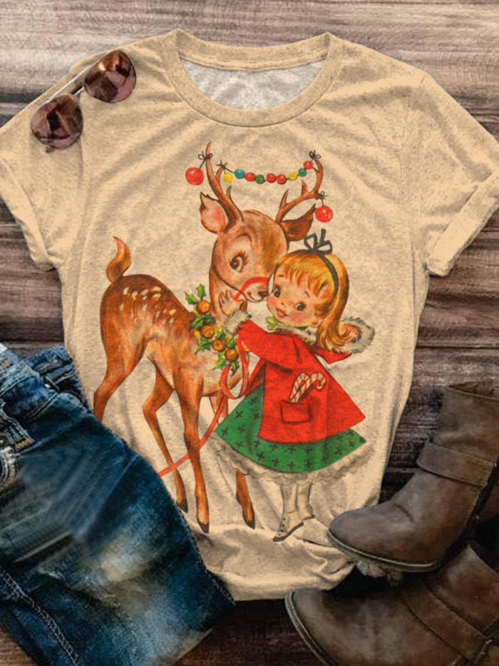 Retro Christmas Print Round Neck Short Sleeve T-Shirt