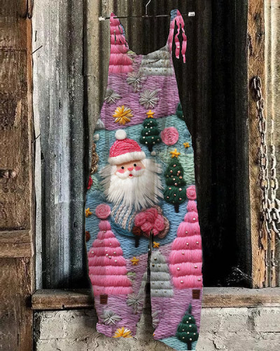 Pink Santa Claus Print Casual Loose Jumpsuit