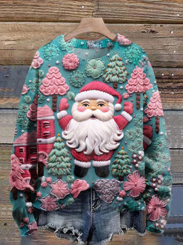 Christmas Santa Print Knit Pullover Sweater