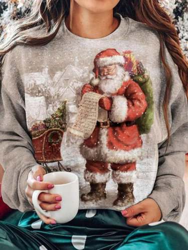 Women's Santa Print Crew Neck Sweatshirt