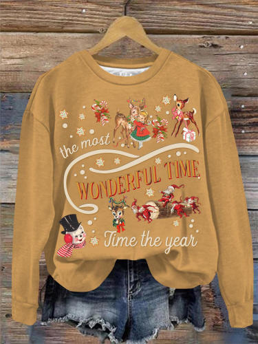 Santa Snowman Reindeer Print Round Neck Long Sleeve Top