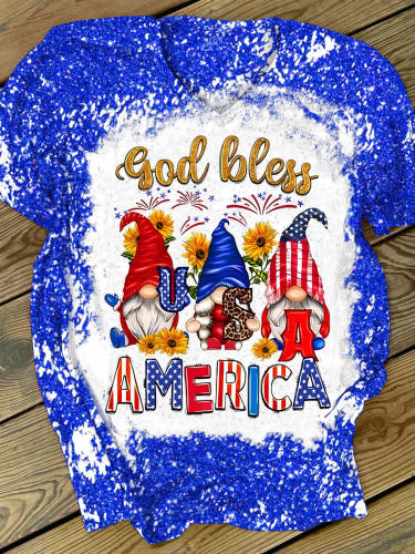 God Bless America Gnome Glitter Print V-Neck Short Sleeve T-Shirt