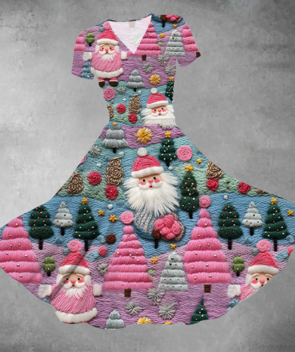 Pink Santa Claus Print Casual Swing Dress