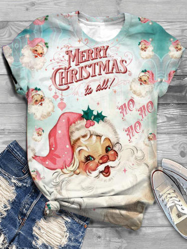 Women's Christmas Santa Print Crew Neck T-Shirt