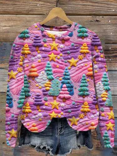 Women's 3D Pastel Rainbow Christmas Tree Print Casual Sweatshirt