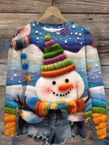 Women's Cute Rainbow Snowman Print Long Sleeve Sweatshirt