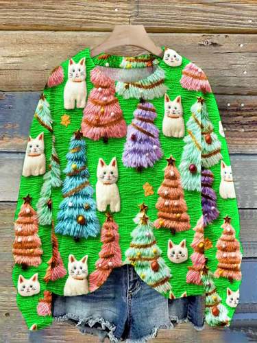 Christmas Tree Cute Cat 3D Print Knit Pullover Sweater