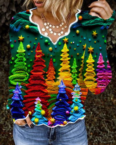Christmas Colorful Christmas Tree Print Casual Wave Collar Top