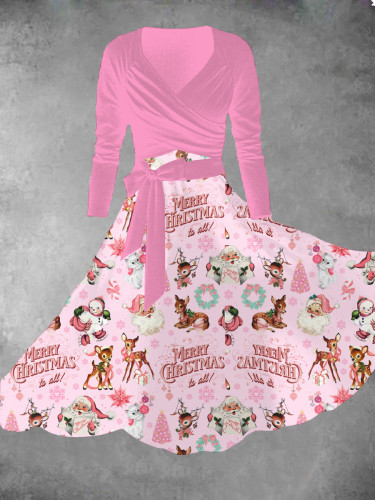 Vintage Pink Christmas Print Two Piece Dress