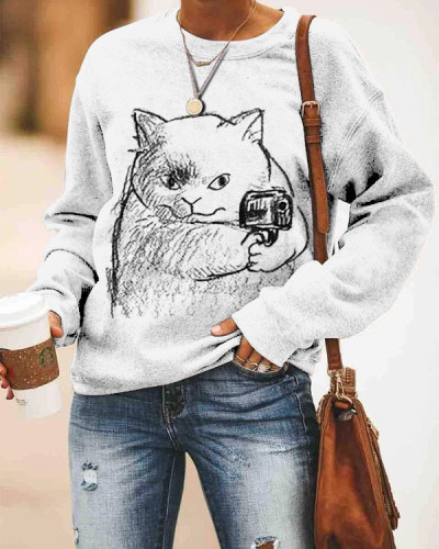 Casual Art Cute Cat Print Loose Crew Neck Sweatshirt