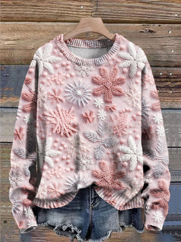 Pink Christmas Snowflake Print Casual Knitted Sweater